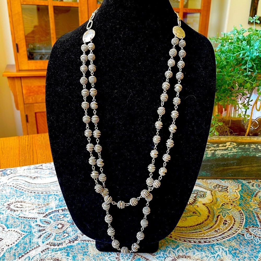 Chico’s Silver Tone Station Necklace Long Layered Textured Bead Chain